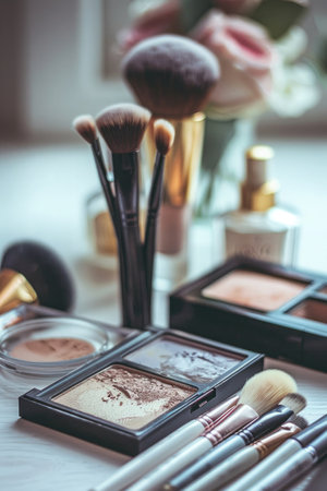 Makeup brushes and cosmetics on the table. Selective focus.の素材