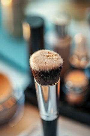 Makeup brush and cosmetic powder on table in beauty salon, closeupの素材