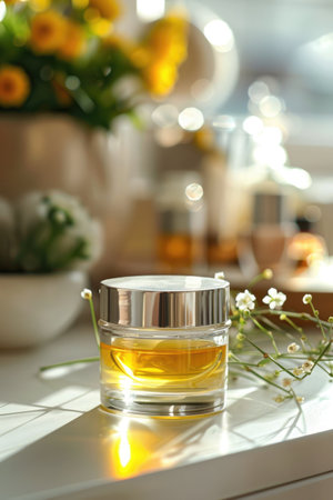 Glass jar with cosmetic cream on table in spa salon, closeupの素材