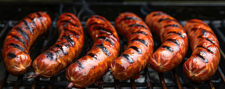 Juicy grilled sausages with fresh herbs on a hot BBQ grill, perfect for summer cookouts of summer and outdoor diningの素材