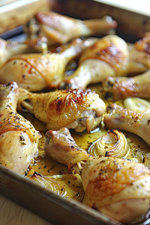 Golden roasted chicken legs seasoned with rosemary and spices, served on a white plate, perfect for a hearty mealの素材