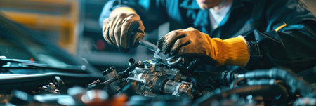 Close-up of a mechanic's hands repairing a car engine, depicting expertise in vehicle maintenanceの素材