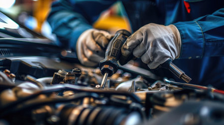 Close-up of a mechanic's hands repairing a car engine, depicting expertise in vehicle maintenanceの素材