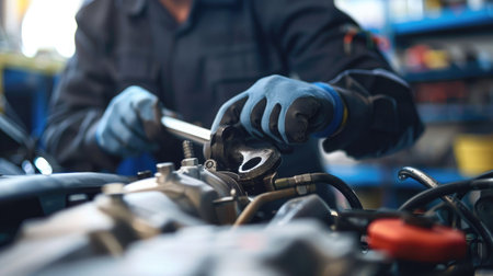 Close-up of a mechanic's hands repairing a car engine, depicting expertise in vehicle maintenanceの素材