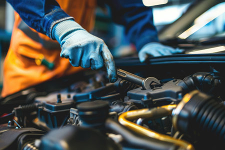Close-up of a mechanic's hands repairing a car engine, depicting expertise in vehicle maintenanceの素材