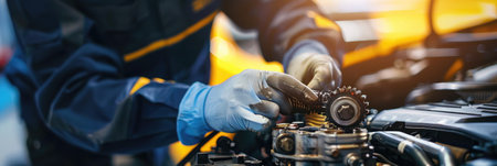 Close-up of a mechanic's hands repairing a car engine, depicting expertise in vehicle maintenanceの素材