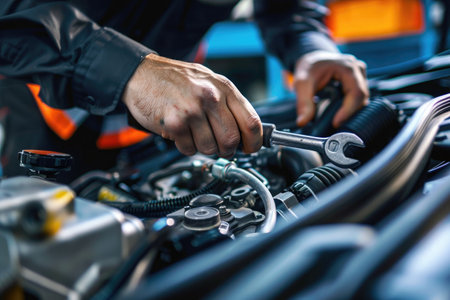 Close-up of a mechanic's hands repairing a car engine, depicting expertise in vehicle maintenanceの素材
