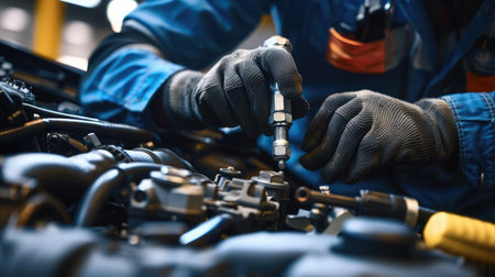 Close-up of a mechanic's hands repairing a car engine, depicting expertise in vehicle maintenanceの素材