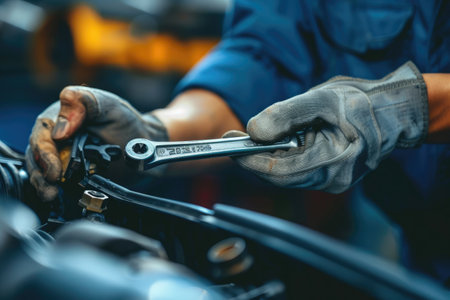 Close-up of a mechanic's hands repairing a car engine, depicting expertise in vehicle maintenanceの素材