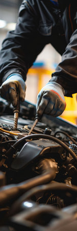 Close-up of a mechanic's hands repairing a car engine, depicting expertise in vehicle maintenanceの素材