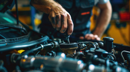 Close-up of a mechanic's hands repairing a car engine, depicting expertise in vehicle maintenanceの素材