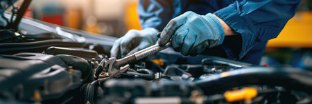 Close-up of a mechanic's hands repairing a car engine, depicting expertise in vehicle maintenanceの素材
