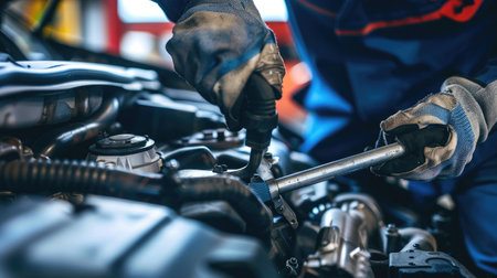 Close-up of a mechanic's hands repairing a car engine, depicting expertise in vehicle maintenanceの素材