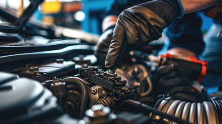 Close-up of a mechanic's hands repairing a car engine, depicting expertise in vehicle maintenanceの素材