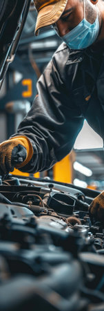 Close-up of a mechanic's hands repairing a car engine, depicting expertise in vehicle maintenanceの素材