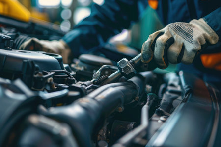 Close-up of a mechanic's hands repairing a car engine, depicting expertise in vehicle maintenanceの素材