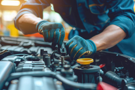Close-up of a mechanic's hands repairing a car engine, depicting expertise in vehicle maintenanceの素材
