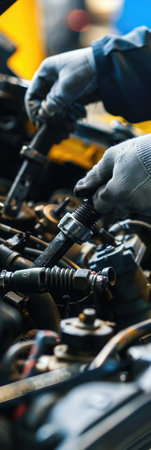 Close-up of a mechanic's hands repairing a car engine, depicting expertise in vehicle maintenanceの素材
