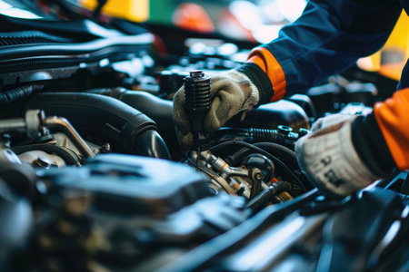 Close-up of a mechanic's hands repairing a car engine, depicting expertise in vehicle maintenanceの素材