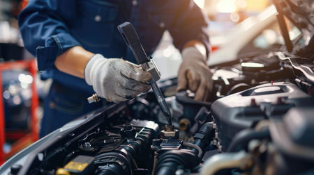 Close-up of a mechanic's hands repairing a car engine, depicting expertise in vehicle maintenanceの素材