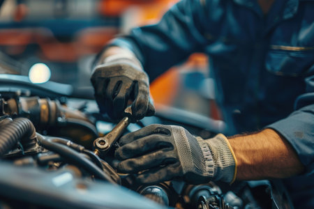 Close-up of a mechanic's hands repairing a car engine, depicting expertise in vehicle maintenanceの素材