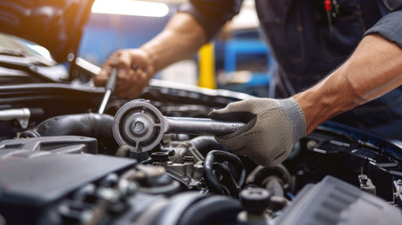 Close-up of a mechanic's hands repairing a car engine, depicting expertise in vehicle maintenanceの素材