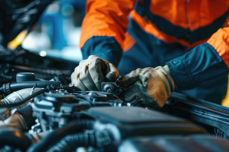 Close-up of a mechanic's hands repairing a car engine, depicting expertise in vehicle maintenanceの素材