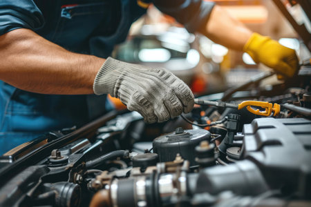 Close-up of a mechanic's hands repairing a car engine, depicting expertise in vehicle maintenanceの素材