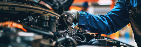 Close-up of a mechanic's hands repairing a car engine, depicting expertise in vehicle maintenanceの素材