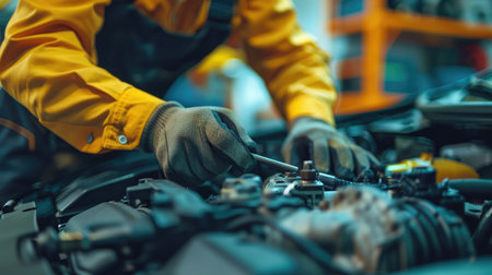 Close-up of a mechanic's hands repairing a car engine, depicting expertise in vehicle maintenanceの素材