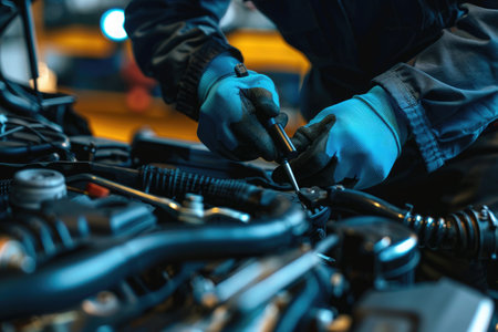 Close-up of a mechanic's hands repairing a car engine, depicting expertise in vehicle maintenanceの素材