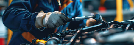 Close-up of a mechanic's hands repairing a car engine, depicting expertise in vehicle maintenanceの素材