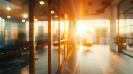 Abstract blurred image of a modern office corridor illuminated by bright ceiling lights, conveying work atmosphereの素材