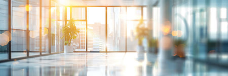 Abstract blurred image of a modern office corridor illuminated by bright ceiling lights, conveying work atmosphereの素材