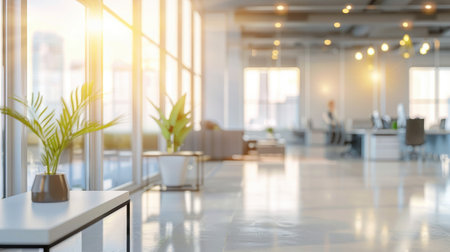Abstract blurred image of a modern office corridor illuminated by bright ceiling lights, conveying work atmosphereの素材