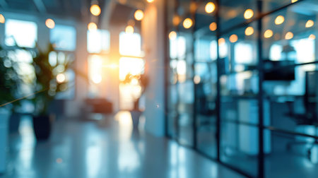 Abstract blurred image of a modern office corridor illuminated by bright ceiling lights, conveying work atmosphereの素材