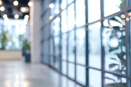 Abstract blurred image of a modern office corridor illuminated by bright ceiling lights, conveying work atmosphereの素材