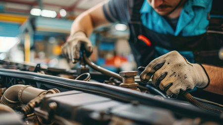 Close-up of a mechanic's hands repairing a car engine, depicting expertise in vehicle maintenanceの素材
