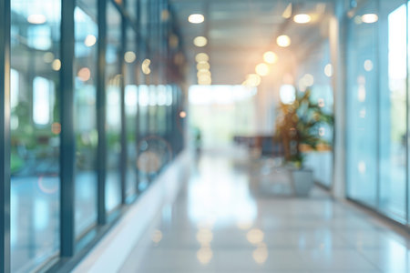 Abstract blurred image of a modern office corridor illuminated by bright ceiling lights, conveying work atmosphereの素材