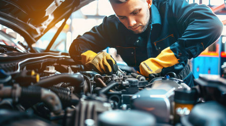 Close-up of a mechanic's hands repairing a car engine, depicting expertise in vehicle maintenanceの素材