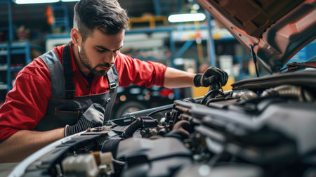 Close-up of a mechanic's hands repairing a car engine, depicting expertise in vehicle maintenanceの素材
