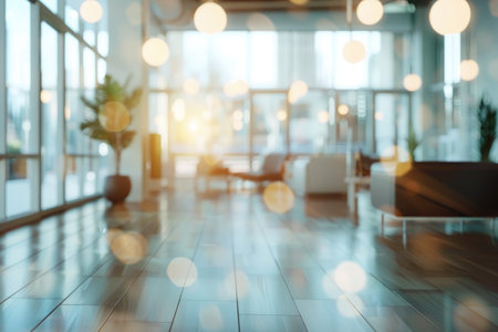 Abstract blurred image of a modern office corridor illuminated by bright ceiling lights, conveying work atmosphereの素材