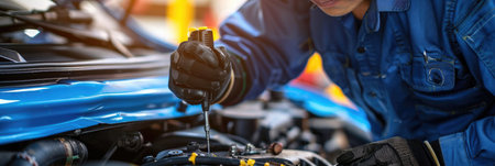 Close-up of a mechanic's hands repairing a car engine, depicting expertise in vehicle maintenanceの素材