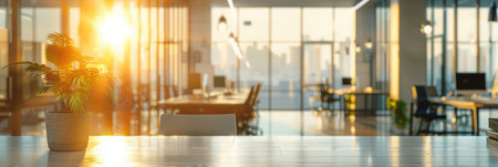 Abstract blurred image of a modern office corridor illuminated by bright ceiling lights, conveying work atmosphereの素材