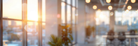 Abstract blurred image of a modern office corridor illuminated by bright ceiling lights, conveying work atmosphereの素材