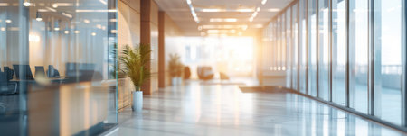 Abstract blurred image of a modern office corridor illuminated by bright ceiling lights, conveying work atmosphereの素材