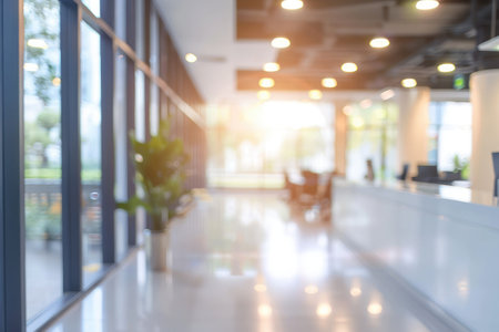 Abstract blurred image of a modern office corridor illuminated by bright ceiling lights, conveying work atmosphereの素材