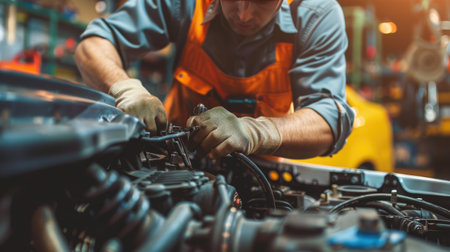 Close-up of a mechanic's hands repairing a car engine, depicting expertise in vehicle maintenanceの素材