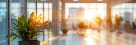 Abstract blurred image of a modern office corridor illuminated by bright ceiling lights, conveying work atmosphereの素材