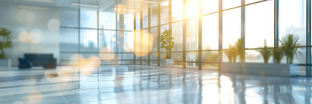Abstract blurred image of a modern office corridor illuminated by bright ceiling lights, conveying work atmosphereの素材